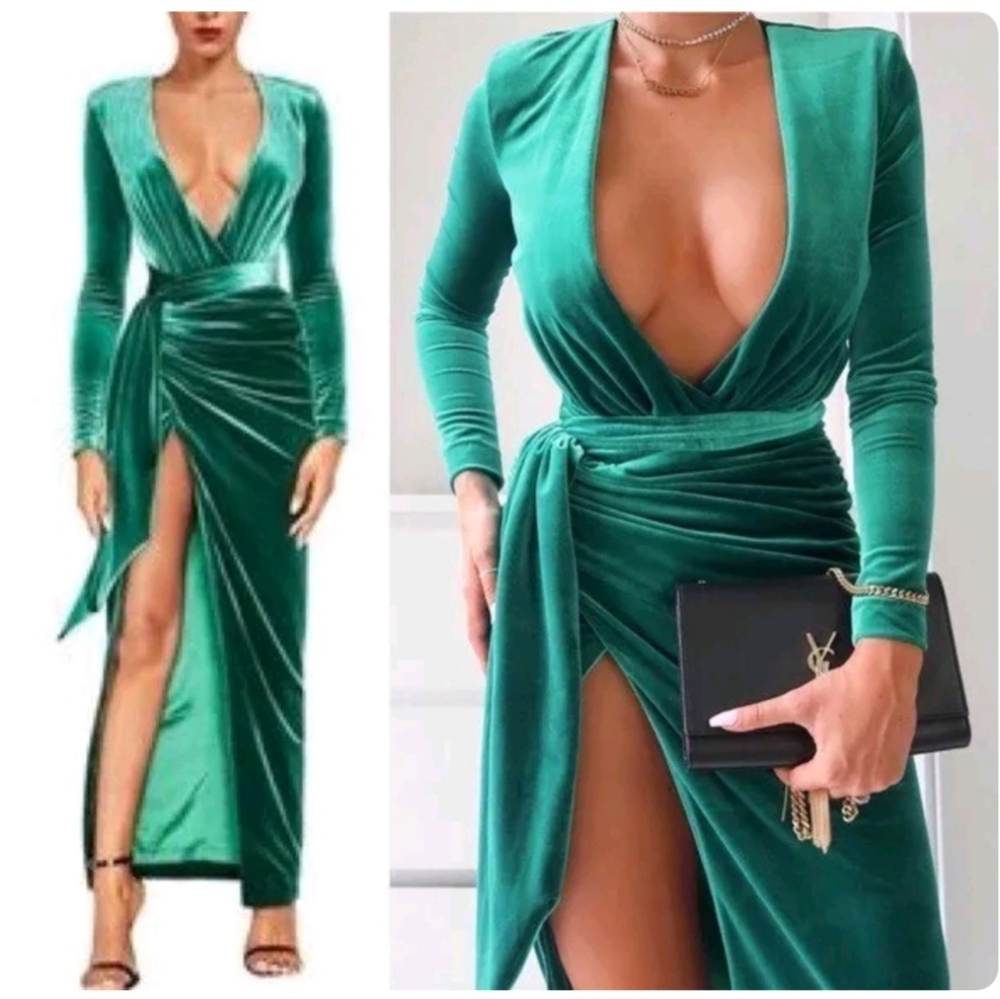 House of CB long sleeve green velvet dress